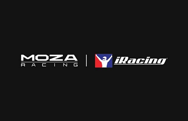 Základna Moza Racing R25 Ultra Direct Drive hliník Loga pro Moza Racing a iRacing na černém pozadí. Text Moza Racing je tučný, zatímco iRacing obsahuje postavu se zdviženýma rukama, která evokuje vzrušení.