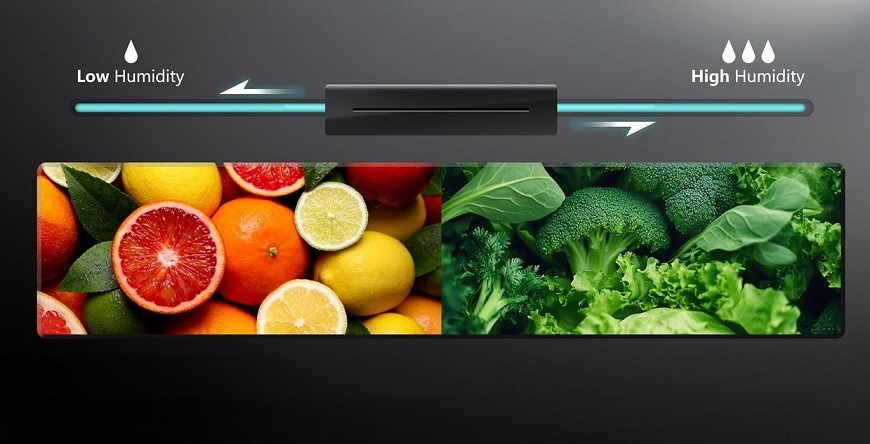 Americká lednice Hisense RS9P628GPFE černá Boxy na ovoce a zeleninu naplněné a je vidět posuvnik, pomoci kterého lze nastavit uroven vlhkosti