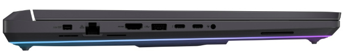 Boční panel notebooku s porty RJ45, HDMI, Thunderbolt 5 a napájením