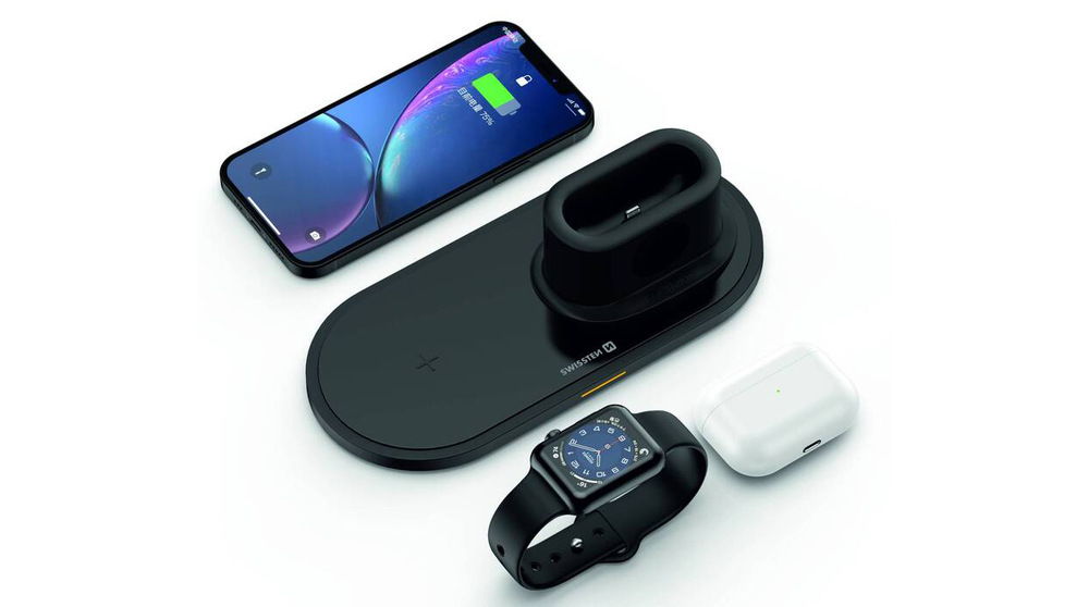 Bezdrátová nabíječka Swissten 3v1, pro iPhone, Apple Watch, Apple Airpods/Pro, 15W černá