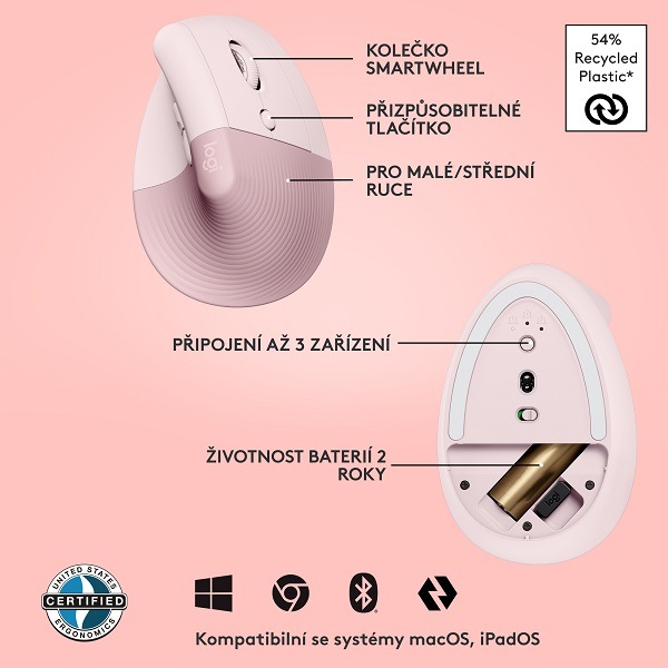 Myš Logitech Lift Vertical Ergonomic růžová