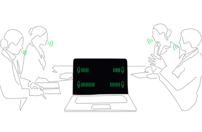 Ilustrace videokonference více lidí u notebooku ASUS s technologií AI potlačení šumu mikrofonu