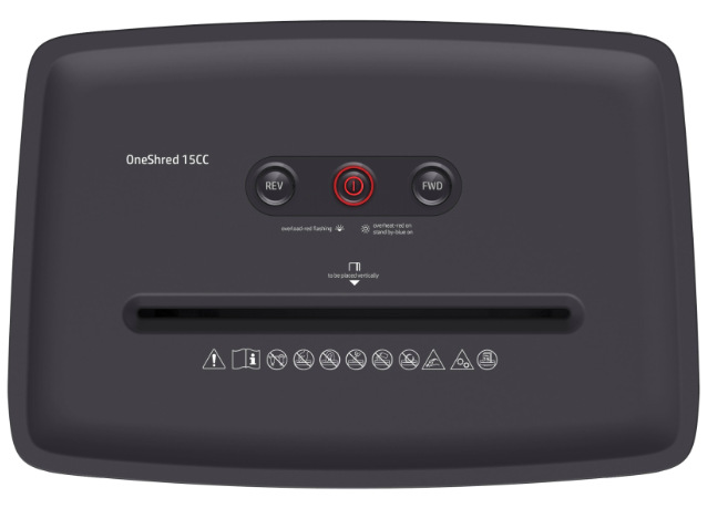 Horní ovládací panel skartovače HP OneShred 15CC s tlačítky REV, FWD a indikátory