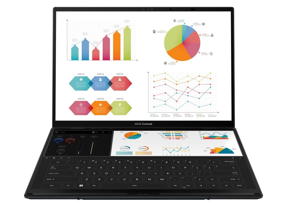 Otevřený a zapnutý notebook Asus Zenbook Duo s grafy