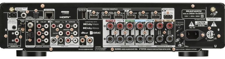 Zadní panel AV Receiveru Marantz Cinema 70S S2 s HDMI, audio a reproduktorovými konektory