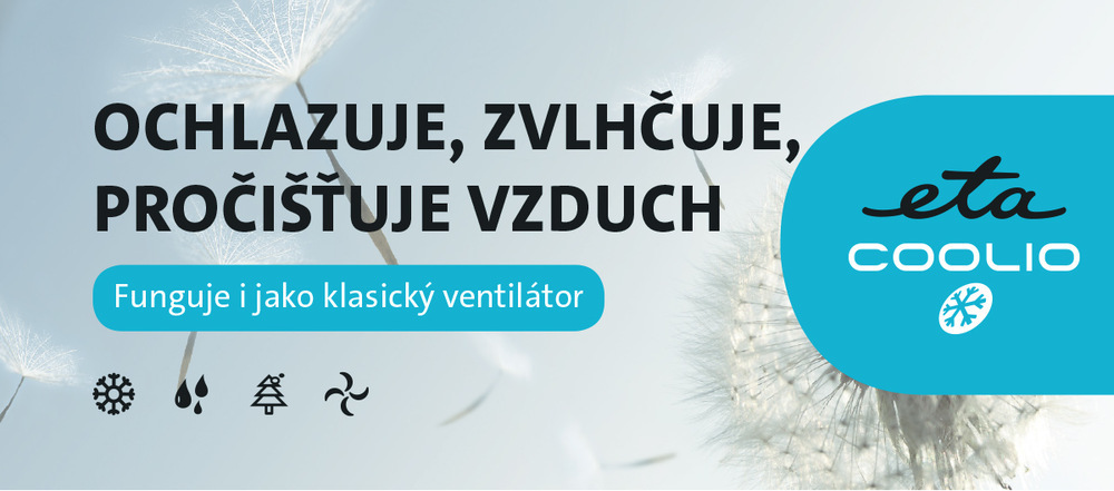 Ochlazovač vzduchu ETA Coolio 0568 90000 bílý anner ETA Coolio s textem: OCHLAZUJE, ZVLHČUJE, PROČIŠŤUJE VZDUCH a Funguje i jako klasický ventilátor, s ikonami pro chlazení, zvlhčování, čištění a ventilátor