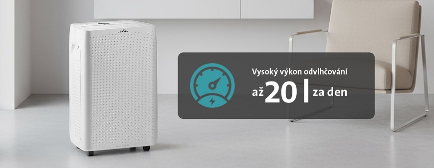 Produktová fotografie bílého odvlhčovače vzduchu značky ETA Primer s perforovaným předním panelem a kolečky. Vedle přístroje je grafický ukazatel zdůrazňující odvlhčovací kapacitu až 20 litrů vody za de