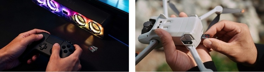 MicroSD karta vložená do herní konzole a dronu