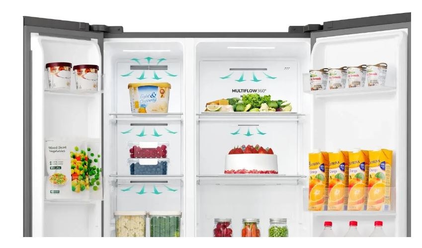 Americká lednice Gorenje G400 NRS917D41BX černá otevřená americká lednice gorenje, uvnitř jsou šipky, které znazornuji prouděni vzduchu. Lednice je naplněná jídlem.