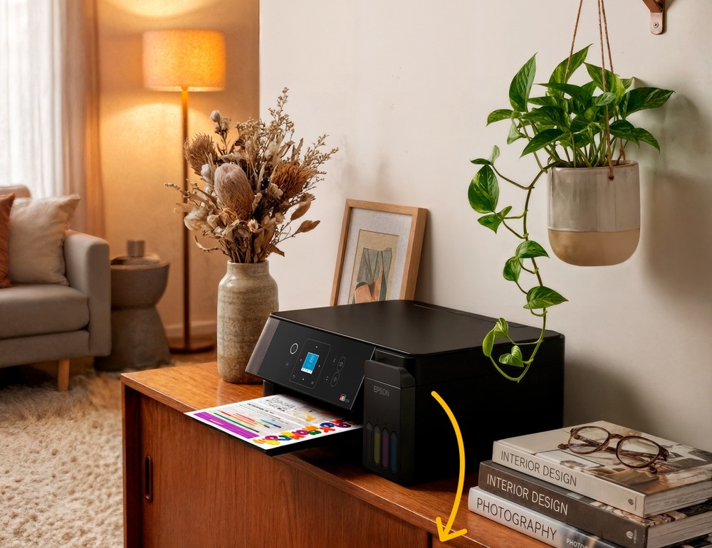 Tiskárna Epson EcoTank stojí na dřevěné skříňce v útulně zařízeném interiéru a tiskne barevný dokument. Vedle ní jsou knihy a brýle, kolem dekorace a pokojové rostliny