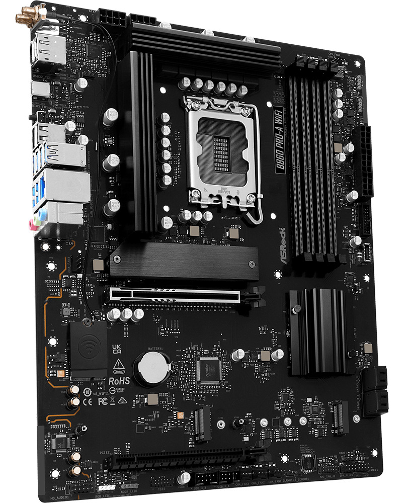 Základní deska ASRock B860 Pro-A WiFi Základní deska ASRock B860 Pro-A WiFi v černém provedení s masivními chladiči VRM a sloty DDR5
