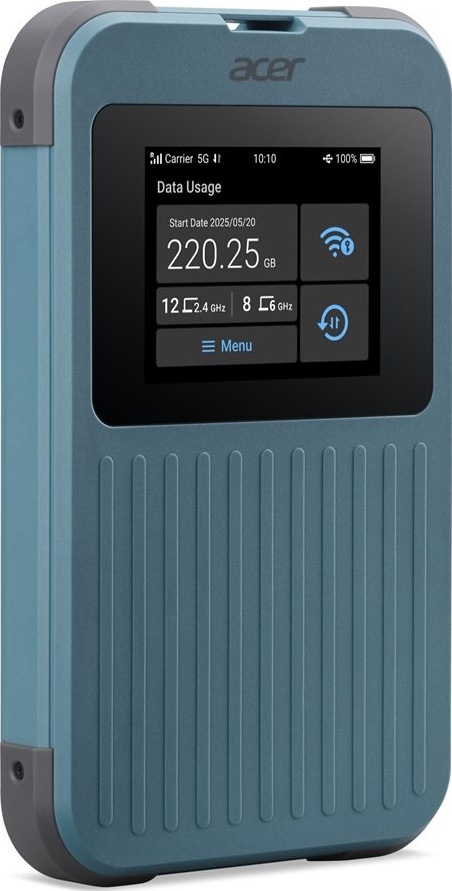 Router Acer Connect M4 5G wifi hotspot router + 20GB Data Modrozelený mobilní hotspot Acer Connect M4 z předního bočního pohledu. Na přední straně má dotykový displej se stavem 5G připojení, využitými daty, baterií a ikonami Wi-Fi. Tělo má zaoblené rohy, šedé ochranné hrany a vroubkovaný spodní panel.