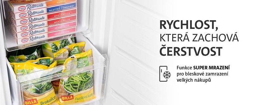 Otevřený mrazák ETA 236990000D s mraženou pizzou a zeleninou zdůrazňující funkci Super mrazení pro zachování čerstvosti potravin