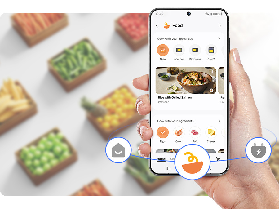 Americká lednice Samsung RS90F66BETEO stříbrná Aplikace SmartThings Food na mobilním telefonu