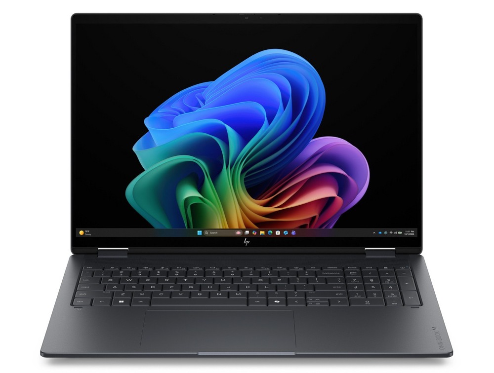 Notebook HP OmniBook X Flip AI 16-cb0071ncx + Game Pass předplatné na 2 měsíce šedý Otevřený a zapnutý notebook HP OmniBook X Flip AI PC 16-cb0070ncx zepředu
