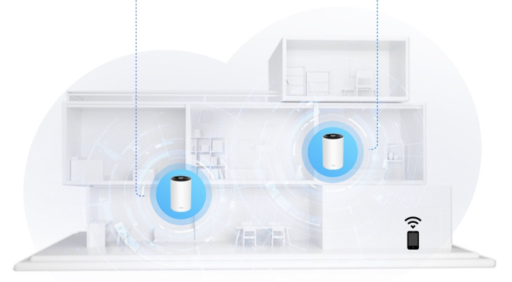 Dvě jednotky TP-Link Deco PX10 vytvářející společnou Mesh Wi-Fi síť v domácnosti