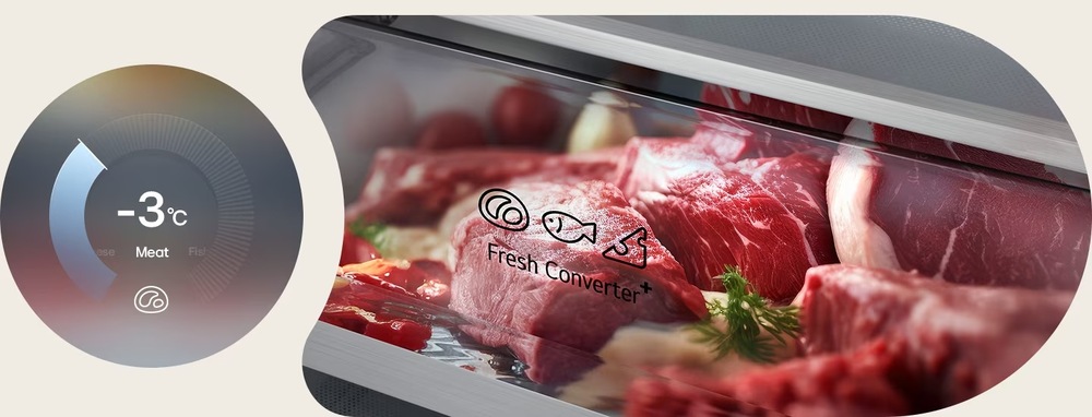 Chladnička s mrazničkou LG GBBS322ASW bílá Detail na zásuvku FRESHConverter™ s čerstvým masem. Vlevo nastavení teploty na -3 °C.