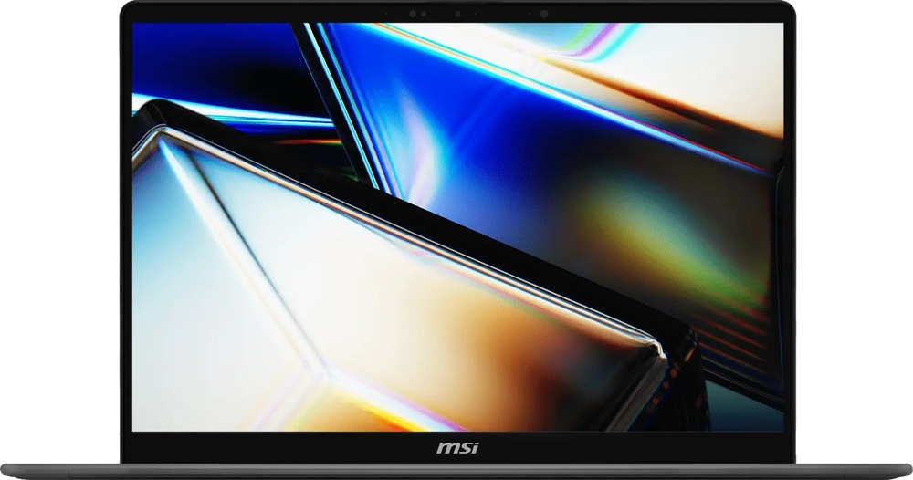 Notebook MSI Prestige 16 AI+ C3MG-240CZ šedý Čelní pohled na OLED displej notebooku MSI Prestige 16 AI+ s tenkými rámečky a webkamerou