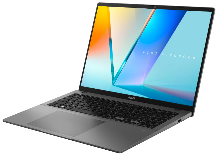 Otevřený ASUS Vivobook S16 zprava se šedým tělem, klávesnicí a touchpadem