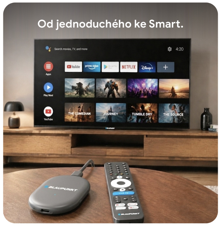 Blaupunkt A-Stream Stick Gen2 připojený k televizoru s nabídkou aplikací Google TV
