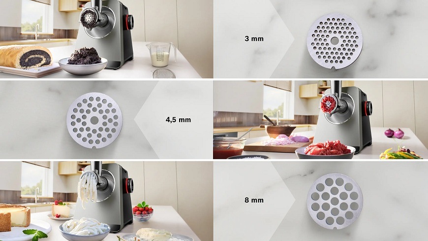 Infografika zobrazující tři různé nerezové mlecí disky. U každého disku je uvedena velikost otvorů a obrázek s příkladem použití: 3mm disk na mletí máku, 4,5mm disk na mletí masa a 8mm disk na mletí tvarohu.