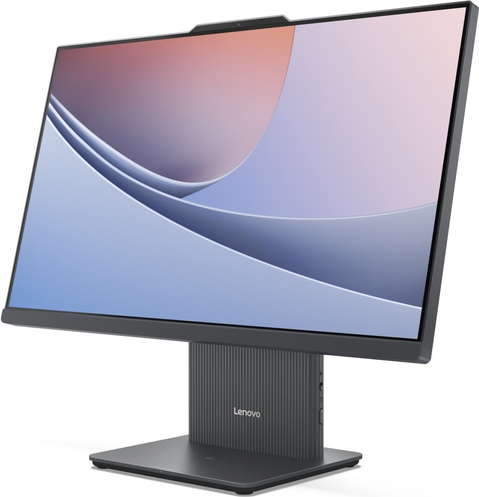 Počítač All In One Lenovo IdeaCentre 24IRH9 šedý Pohled na obrazovku a levou stranu počítače Lenovo IdeaCentre s kvalitní webkamerou a reproduktory