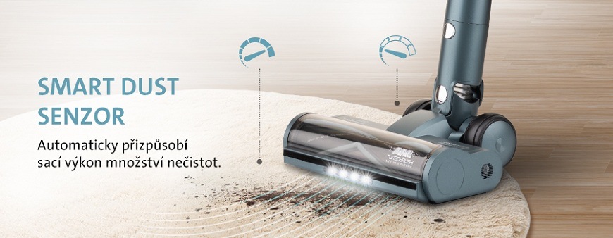 Funkce Smart Dust Senzor u vysavače ETA Terier Lite, která automaticky přizpůsobuje sací výkon podle množství nečistot při vysávání koberce