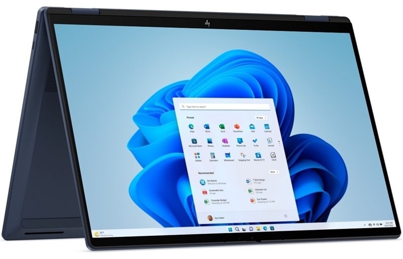 Notebook HP OmniBook X Flip AI 16-cc0002ncx + Game Pass předplatné na 2 měsíce modrý Otevřený a zapnutý notebook HP OmniBook X Flip AI v pozici stanu s Windows