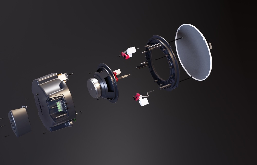 Reproduktor Fonestar SKY-6-DOME (1 ks) černý/bílý Rozložený pohled na konstrukci reproduktoru Fonestar SKY-6-DOME s mřížkou, měniči, montážním rámem, svorkami a zadním ochranným krytem.