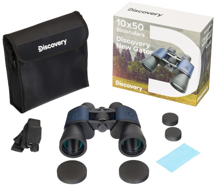 Dalekohled Discovery New Gator 10x50 černý/modrý Na obrázku se nachází vše, co je ještě součástí balení dalekohledu Discovery New Gator 10×50- obal, krytky, popruh.