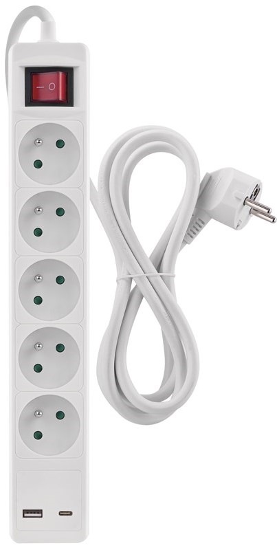 Kabel prodlužovací EMOS 5x zásuvka, 1×USB-A + 1×USB-C vypínač, 3m - bílý