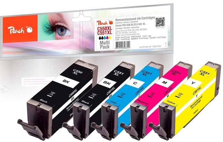 Inkoustová náplň Peach Canon PGI-550XL/CLI-551XL, MultiPack, 1x22, 4x11 ml - CMYK
