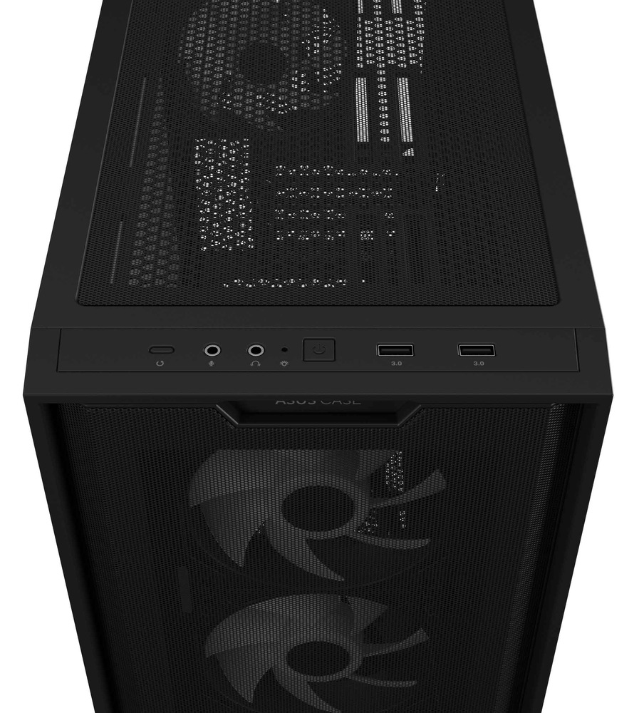 Case Asus A21 PLUS TG ARGB černá Černá skříň počítače s předním a horním panelem ze síťoviny. Skříň je vybavena viditelnými chladicími ventilátory a porty, které jí dodávají elegantní a moderní design.