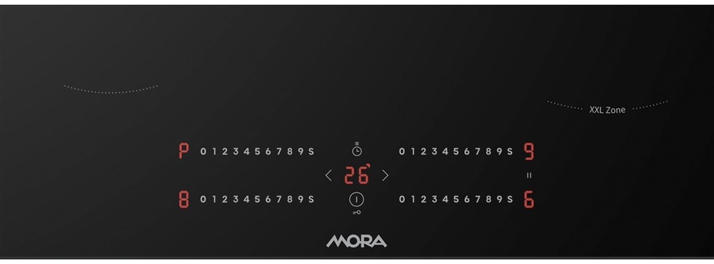 Detail dotykového ovládacího panelu indukční desky Mora VDIS67HC s LED displejem a XXL zónou.