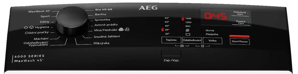 Pračka AEG série 6000 LTE6K463C bílá Ovládací panel pračky AEG LTE6K463C řady 6000 ProSense s vrchním plněním