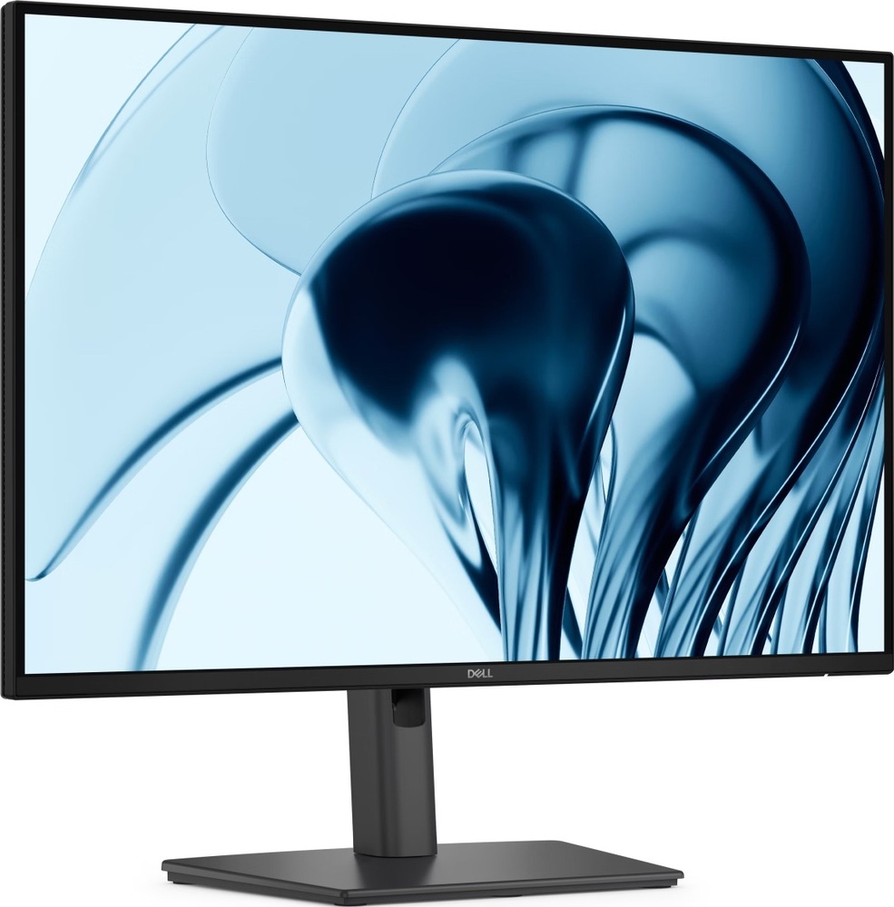 Monitor Dell Pro P 24 P2426 černý Černý monitor Dell Pro P2426 z předního šikmého pohledu, s tenkými rámečky, středovým stojanem a plochou obdélníkovou základnou.