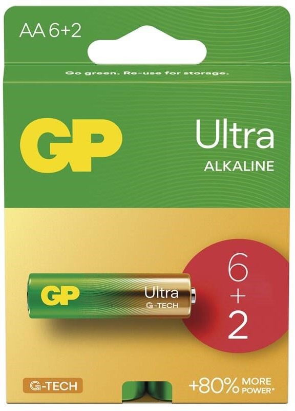 Baterie alkalická GP Ultra AA (LR6), 6+2 ks