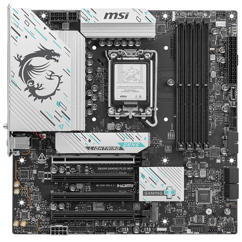Základní deska MSI B860M GAMING PLUS WIFI Základní deska MSI B860M GAMING PLUS WIFI v černé a stříbrné barvě.