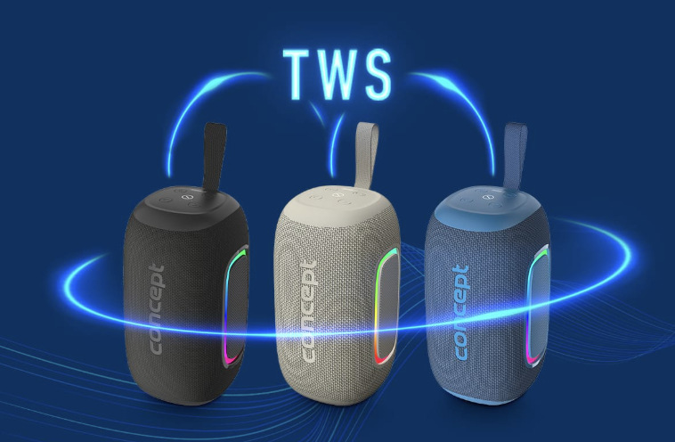 Přenosný reproduktor Concept SoundJoy BR5022 modrý Tři barevná provedení reproduktoru Concept SoundJoy s podporou bezdrátového párování TWS