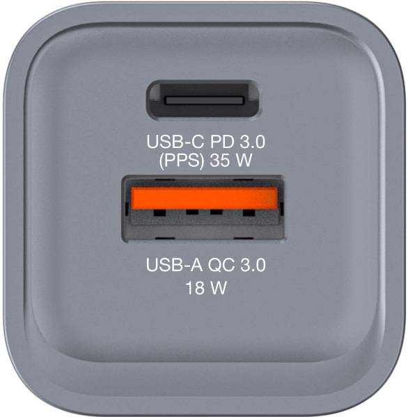 Cestovní adaptér Verbatim GNC-35 GaN 35W, 1x USB-C PD 35W, 1x USB-A QC 3.0 stříbrný Verbatim GNC-35 GaN, 35 W, 1× USB-C PD 35 W, 1× USB-A QC 3.0, stříbrná