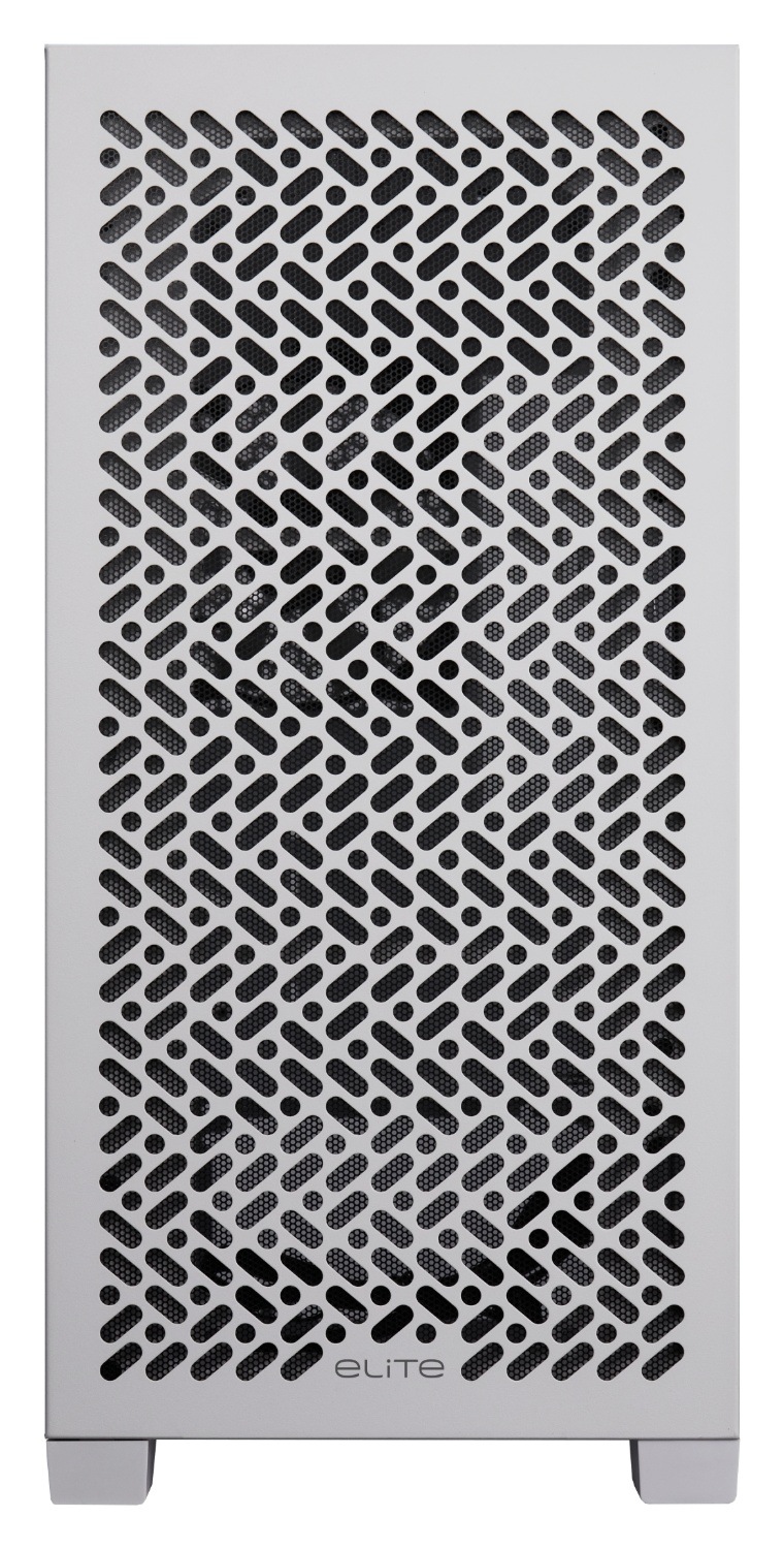 Case Cooler Master Elite 302 White Lite bílá Bílá počítačová skříň s odvětrávaným předním panelem s mřížkovaným vzorem, který nabízí pohled na interní ventilátory. Design vyjadřuje elegantní, moderní technologickou estetiku.