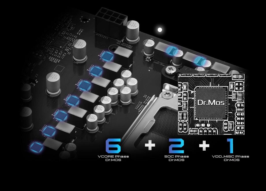 Základní deska ASRock A620AM PRO-A WIFI černá Schéma modrých a šedých počítačových komponent na černém pozadí. Text zní „6 + 2 + 1“ s nápisem „Dr.Mos“ uprostřed čipu, což evokuje technologické téma.