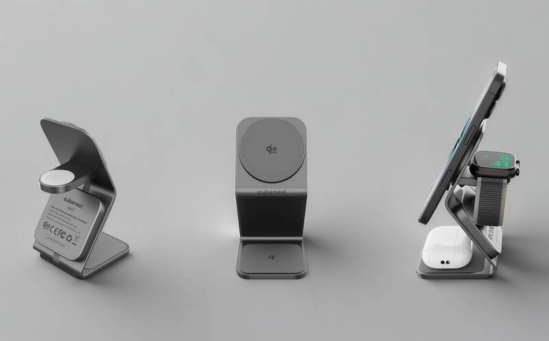 Bezdrátová nabíječka Cubenest SQ314 Qi2.2 3v1 s MagSafe šedá Bezdrátová nabíječka Cubenest SQ314 Qi2.2 3v1 s MagSafe šedá