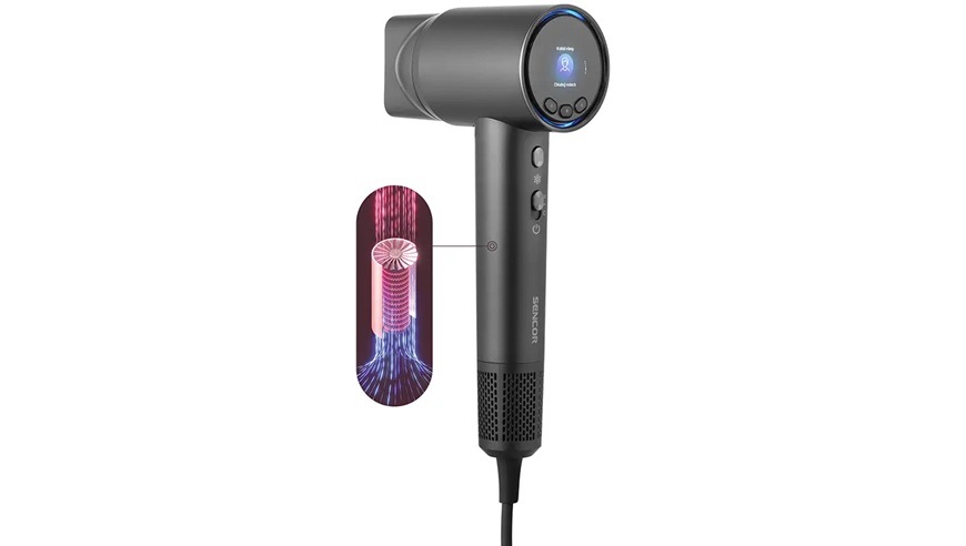 Boční pohled na fén Sencor SHD 8600BK i s grafickým zobrazením turbo rychlosti fénování.