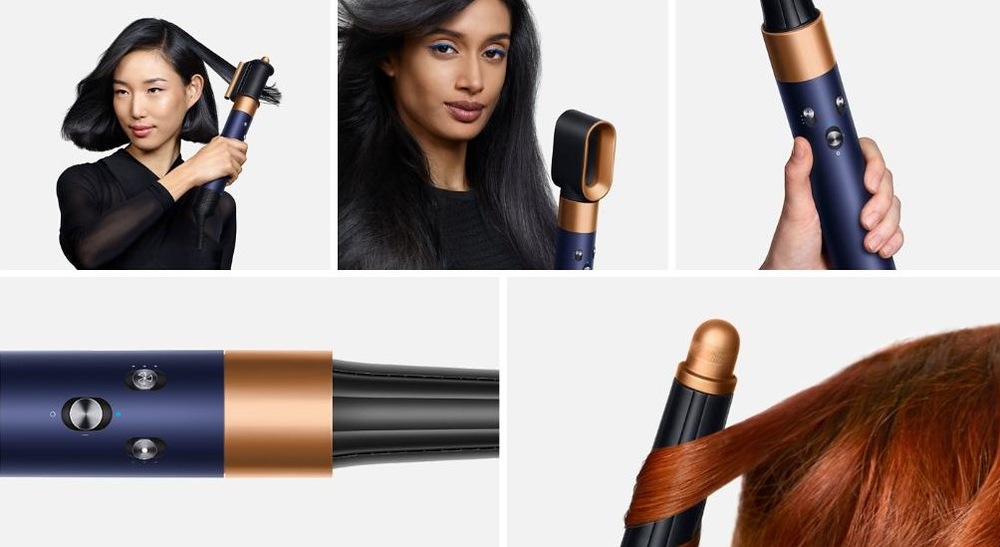 Multistyler Dyson Airwrap i.d. HS08 T1/T2 měděný/pruský modrý žena si upravuje vlasy vždy jiným nástavcem, které jsou součástí balení.
