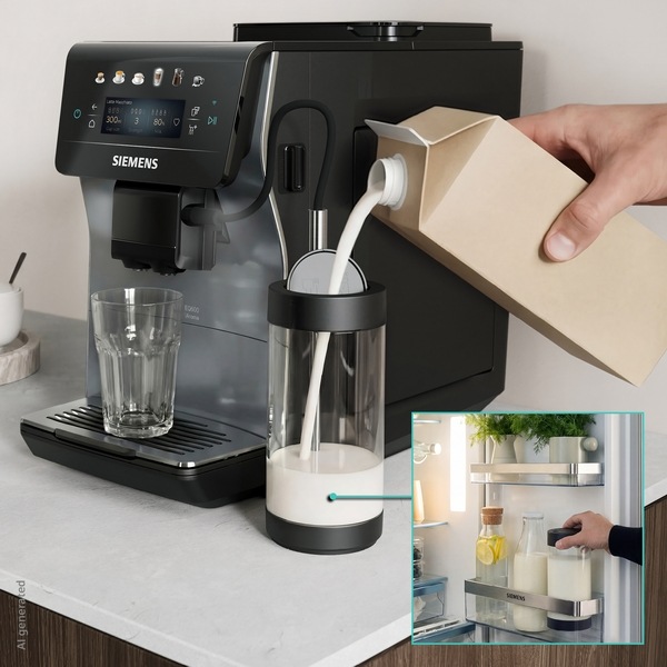 Automatický kávovar Siemens EQ600 iAroma TP603EM6 stříbrný Kavovar siemens TP603EM6, vedle nadoba na mléko, do které někdo dolévá mléko
