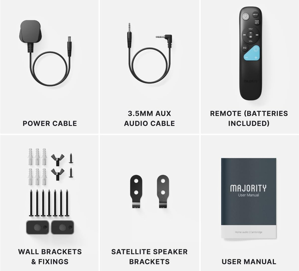 Příslušenství soundbaru Majority Bowfell Halo zahrnuje napájecí a AUX kabel, dálkový ovladač, montážní držáky a návod.