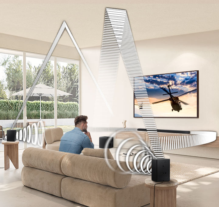 Muž na gauči sleduje televizi, z reproduktorů kolem něj a soundbaru Samsung HW-S800D vychází zvuk znázorněný bílými čárami