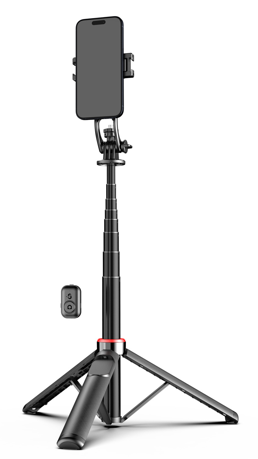 Stativ pro mobil GoGEN Selfie tyč 7 v rozloženém stavu s vysunutou teleskopickou tyčí a telefonem upevněným na výšku. Vedle leží odnímatelná Bluetooth dálková spoušť.