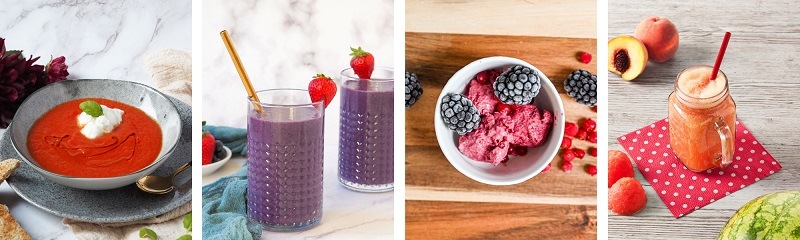 Koláž čtyř fotografií s ukázkami jídel a nápojů připravených v mixéru ETA Vital Blend Mini II: červená krémová polévka, dvě sklenice fialového smoothie, miska s růžovou domácí zmrzlinou s ostružinami a sklenice s ovocným koktejlem a brčkem